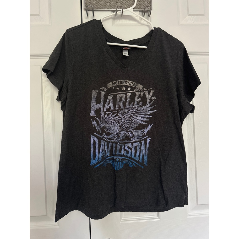 Harley-Davidson Womens XXL V-Neck T-Shirt Cherokee NC Eagle Graphic Gray Cotton